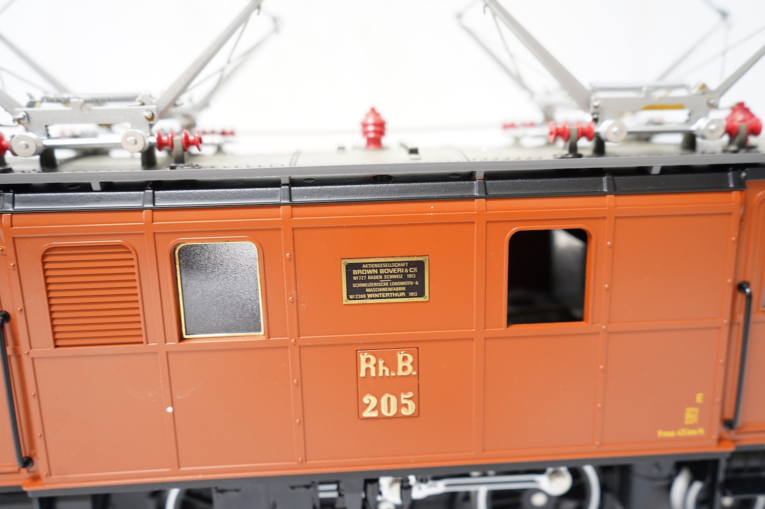 A boxed Lehman LGB (2045) G scale railway RhB electric pantograph locomotive, 205, in brown livery. Condition - good, evidence of very minor running wear only.